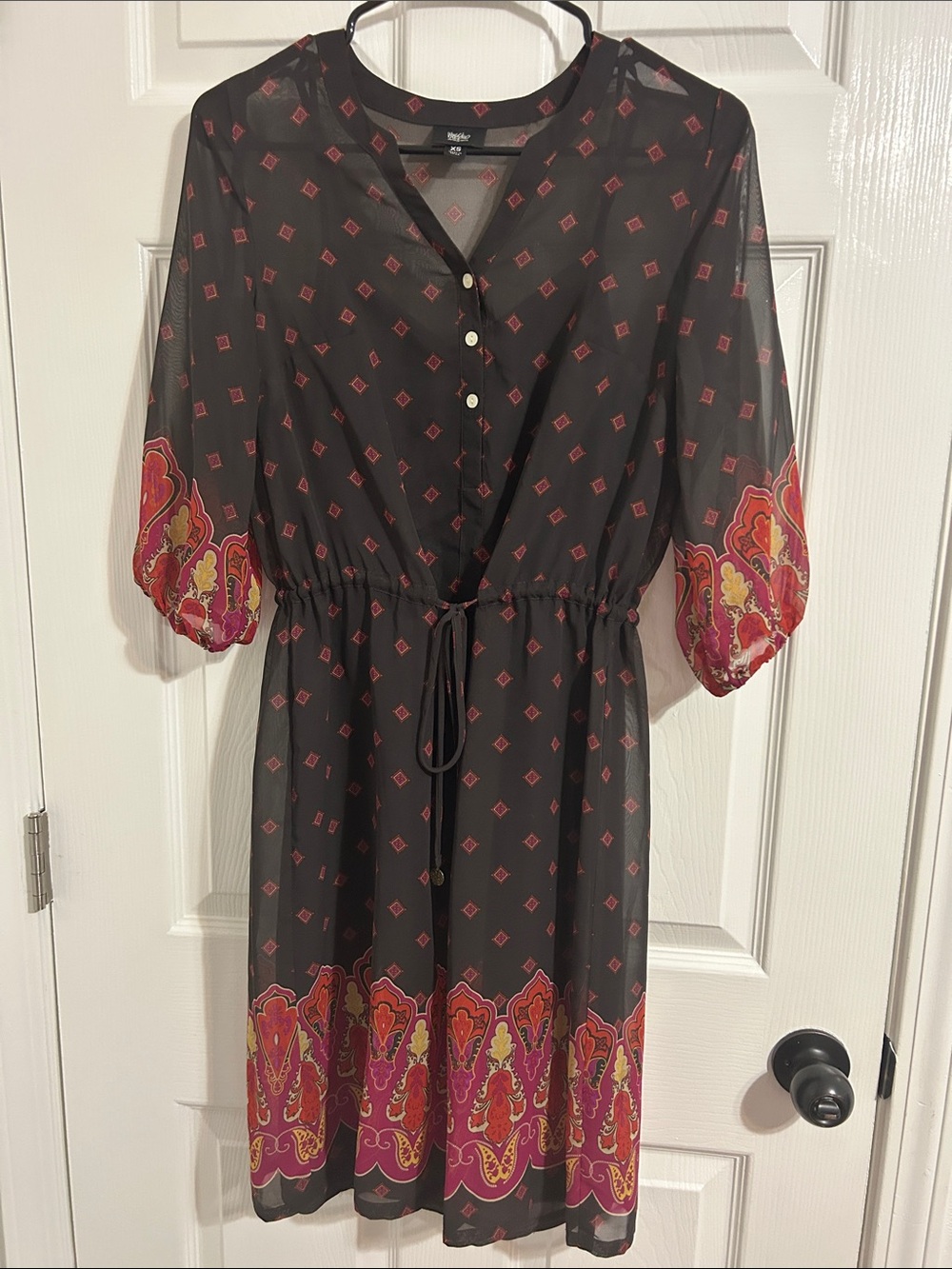 Mossimo Supply Co. Black Midi Dress with Pink and Gold Border Print